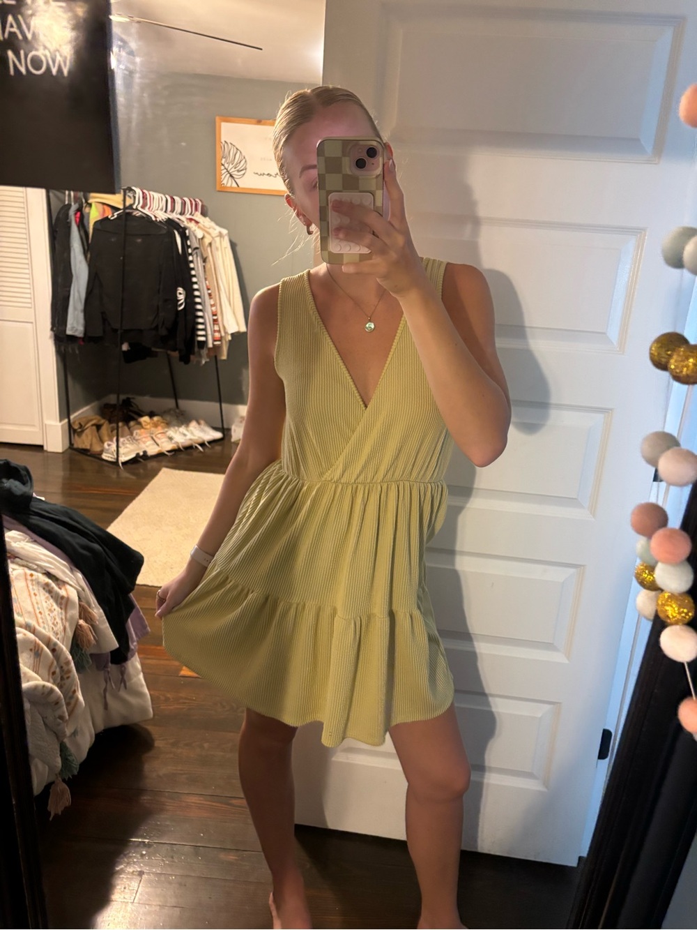 Caution To The Wind Sleeveless V-Neck Tiered Mini Dress in Pale Yellow